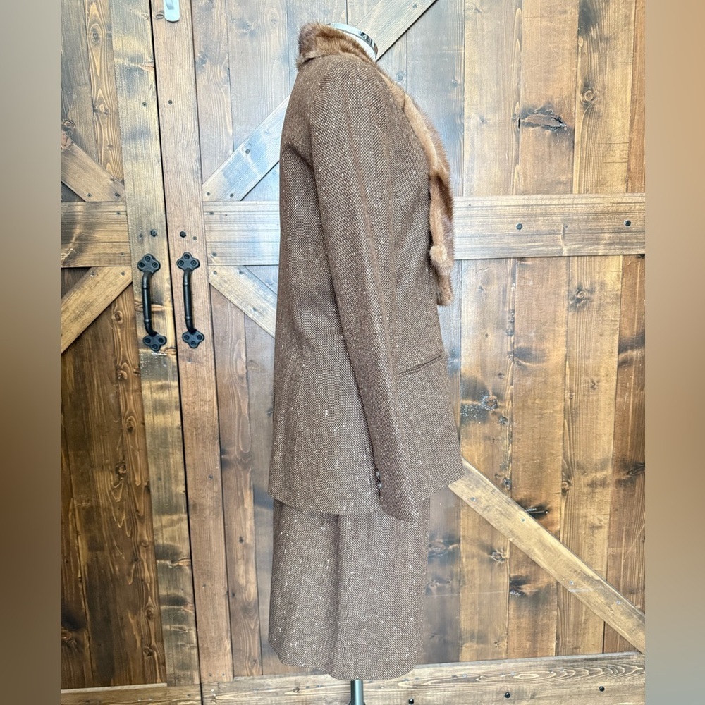 Vintage NOVIELLO BLOOM Wool Blend Mink Collar 2 Piece Blazer & Skirt Size 12 - Picture 3 of 15